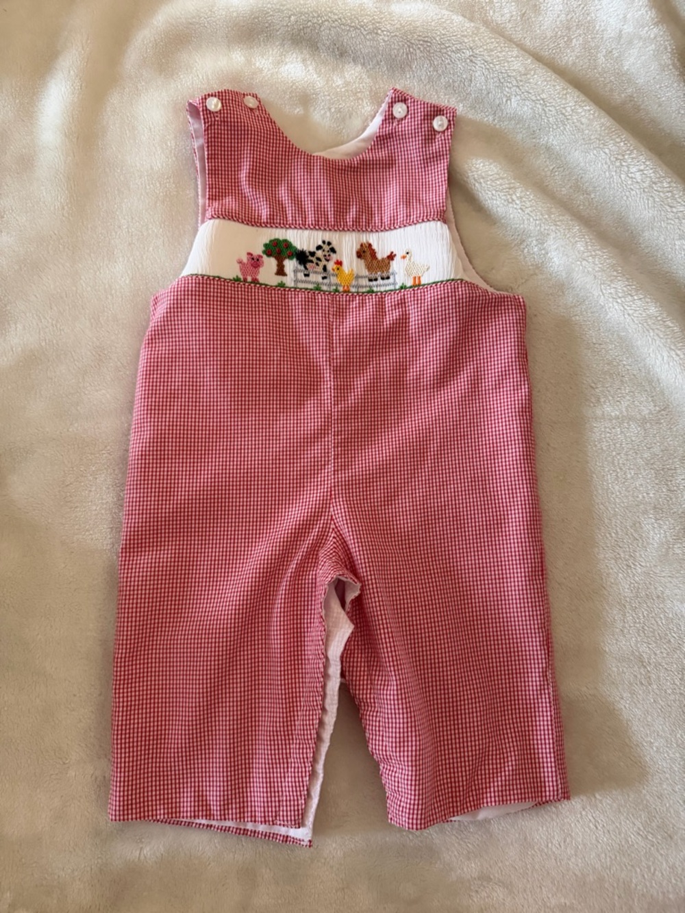 Petit Ami Red Gingham Smocked Farm Animal Overalls
